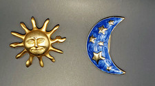 Set Celestial Sun & Stars on the Moon Blue Enamel Gold Tone Statement Brooches