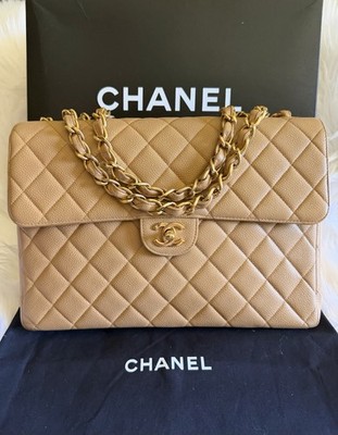 Chanel Classic Single Flap Jumbo Caviar Bag Beige Camel Vintage 24K Gold Chain