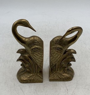 Crane Bookends Pair Brass Sculpture Wave Detail Vintage Decor