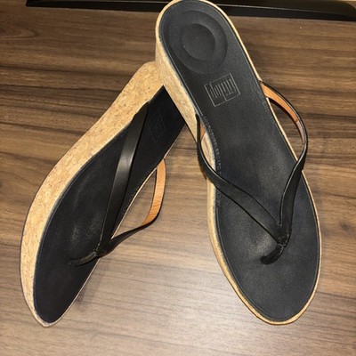 Fit Flop 10 / 42 Black Linny Toe Post Thong Flip Flops Sandals Shoes Cork Wedge