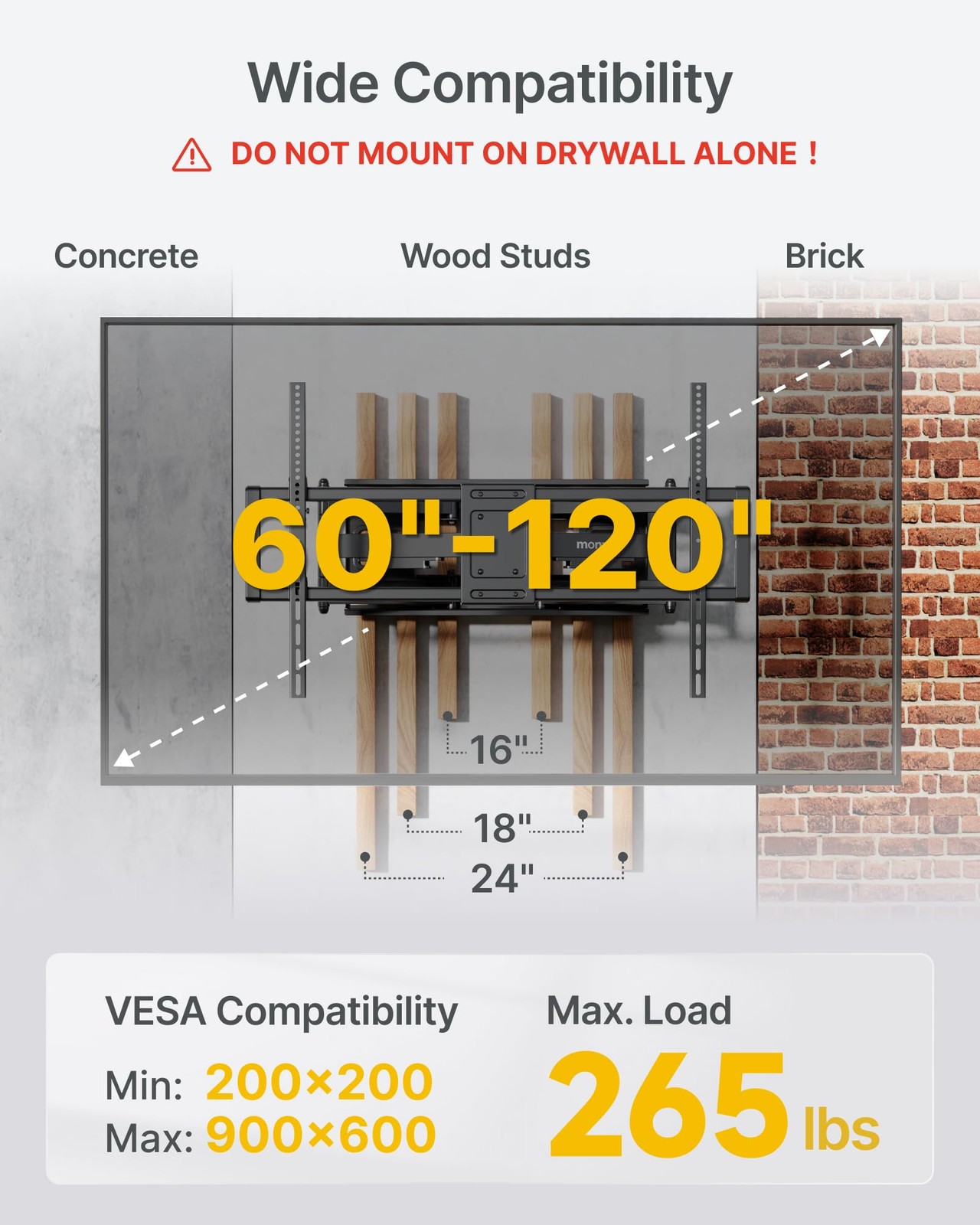 Heavy Duty XXL Full Motion TV Wall Mount for 60-120 inch Extra Large TVs, Hol...