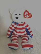NEW/RETIRED $7 Ty Beanie Baby 2001 PATRIOTIC "LIBERTY" BEAR  WHITE HEAD