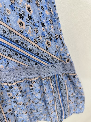 Jaase Maxi Dress 16 Blue Floral Shirred Elastic Waist Crochet Detail Button Up - Picture 9 of 15