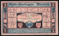 Notgeld Bielefeld 1921, 2 Mark, historische Darstellung und Symbole der Heilque 