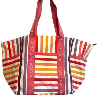 Victoria's Secret Logo Large Striped Weekender Tote Beach Bag NWT