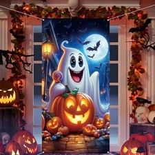 Ghost Pumpkin Halloween Door Cover, Bat Candy Halloween Photo Backdrop Party Dec