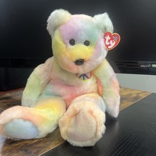 TY Beanie Buddy - PEACE the Ty-Dyed Bear pastel version  14 inch - MWMT's