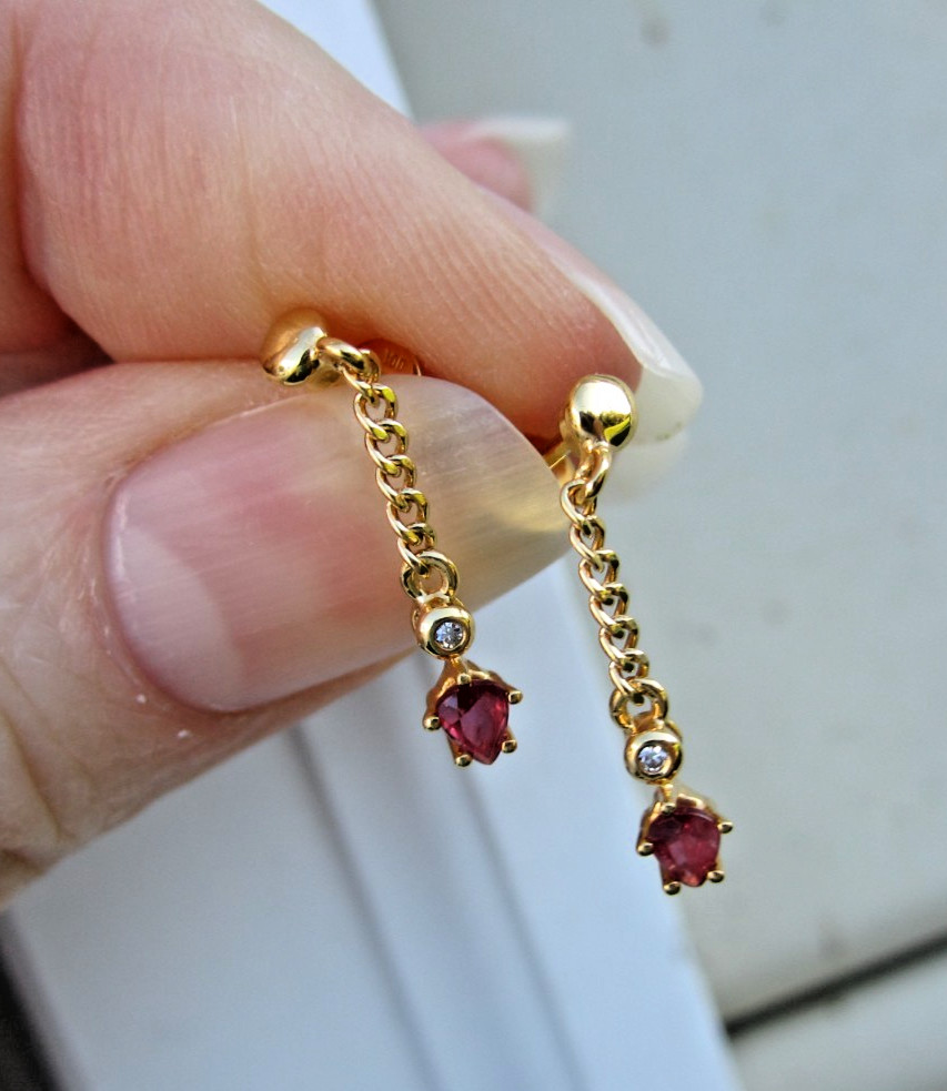 18K Solid Yellow Gold Ruby & Diamond Dangle Drop … - image 5