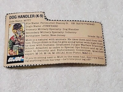 1983 GI Joe Cobra ARAH  Mutt Dog Handler K9 File Card