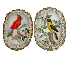 Vintage HOMCO Red & Yellow 3D Bird Floral Porcelain Wall Plaque Ornate Decor
