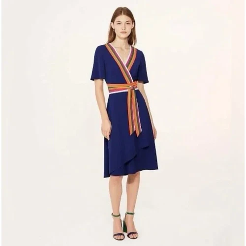 Abito TORY BURCH Peggy a righe avvolgenti blu navy taglia 4 {B29}