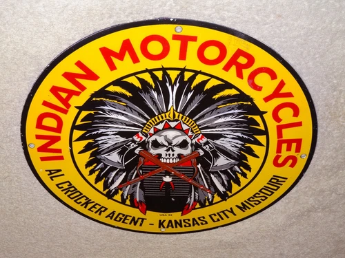 VINTAGE 1932 INDIAN MOTORCYCLES SKULL MISSOURI DEALER 11 3/4" PORCELAIN GAS SIGN