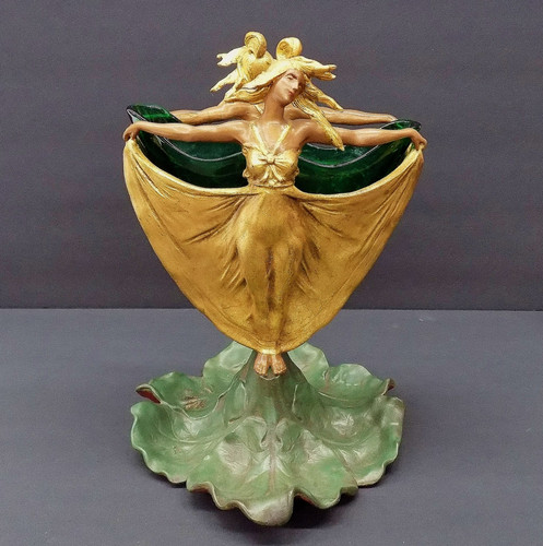 Spectacular Art Nouveau Cast Iron Vase w/Twin Nymphs & Glass Insert....HL Judd?