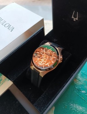 Automatik Gold Rose Bulova Maquina Skelett Armbanduhr 98A177 Boxed Mechanic