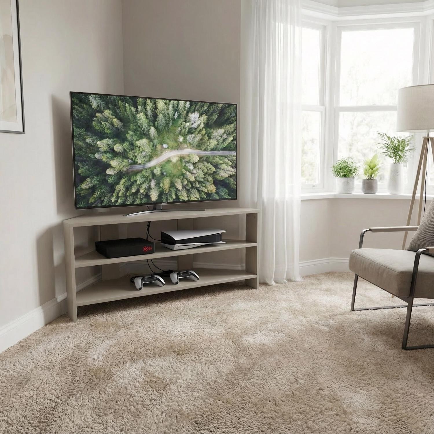 Promo Matt Putty Corner TV Unit Modern Media Stand Two Tier Shelving