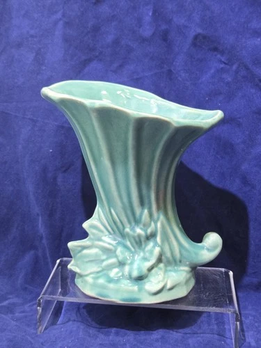 Vintage McCoy Cornucopia Vase, Aqua Leaf And Berry - Old And Beautiful