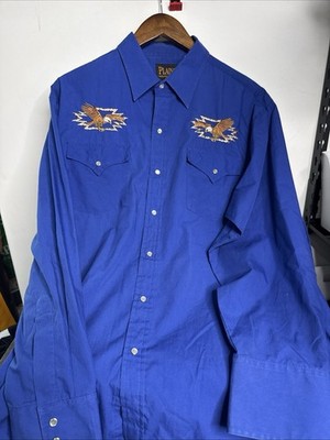Plains Western Wear Shirt Men XL Blue Eagle Embroidered Pearl Snap Long Sleeve