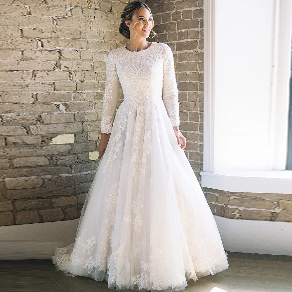 Fashion High Neck Long Sleeve Wedding Dress A-line Lace Appliqued Muslim Bridal Gown Ivory / 4 / CN|Floor Length Fashion High Neck Long Sleeve Wedding Dress A-line Lace Appliqued Muslim Bridal Gown Ivory / 4 / CN|Floor Length