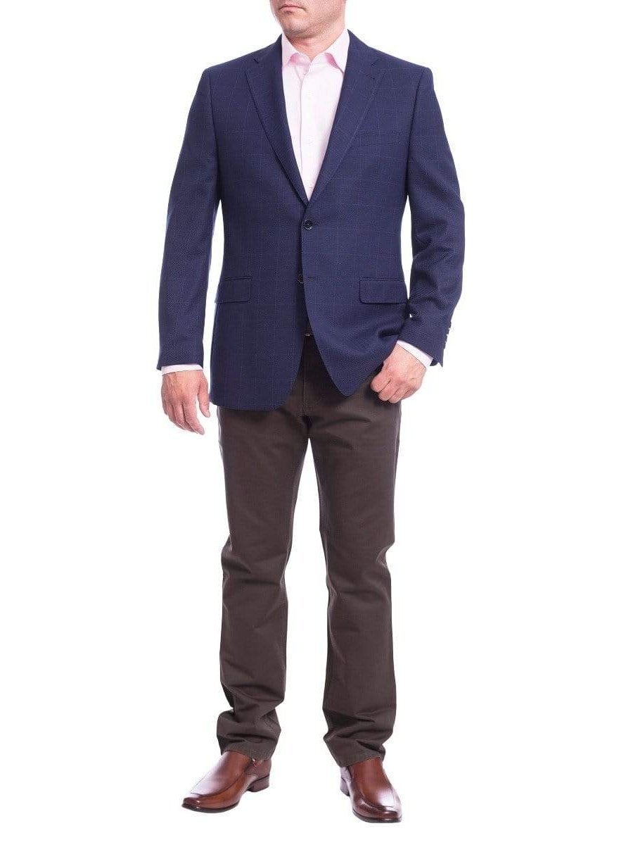 I Uomo Мужской шерстяной блейзер обычного покроя в темно-синюю клетку на 2 пуговицах, спортивное пальто