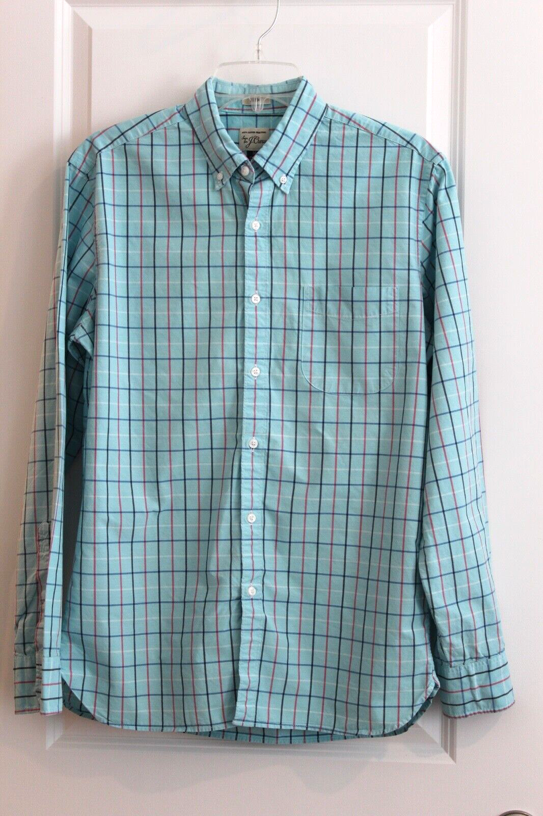 J CREW Slim Fit Secret Wash Aqua Blue Plaid Button Down Shirt Sz M