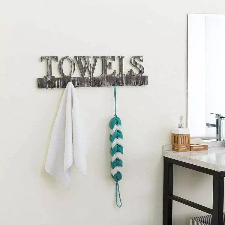 Torched Wood Hook Towel Rack - Decorative Towel Cut Out Letters w/ 5 Dual- Hooks