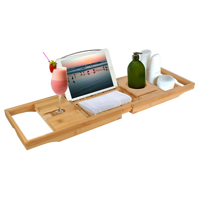 Bathtub Caddy Tray Bamboo Bath Tub Rack Bathroom Cloth Book/Pad/Tablet Holder