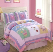 ANNAS DREAM LADYBUG 2pc Twin QUILT SET : GIRLS PURPLE PINK BUTTERFLY GARDEN