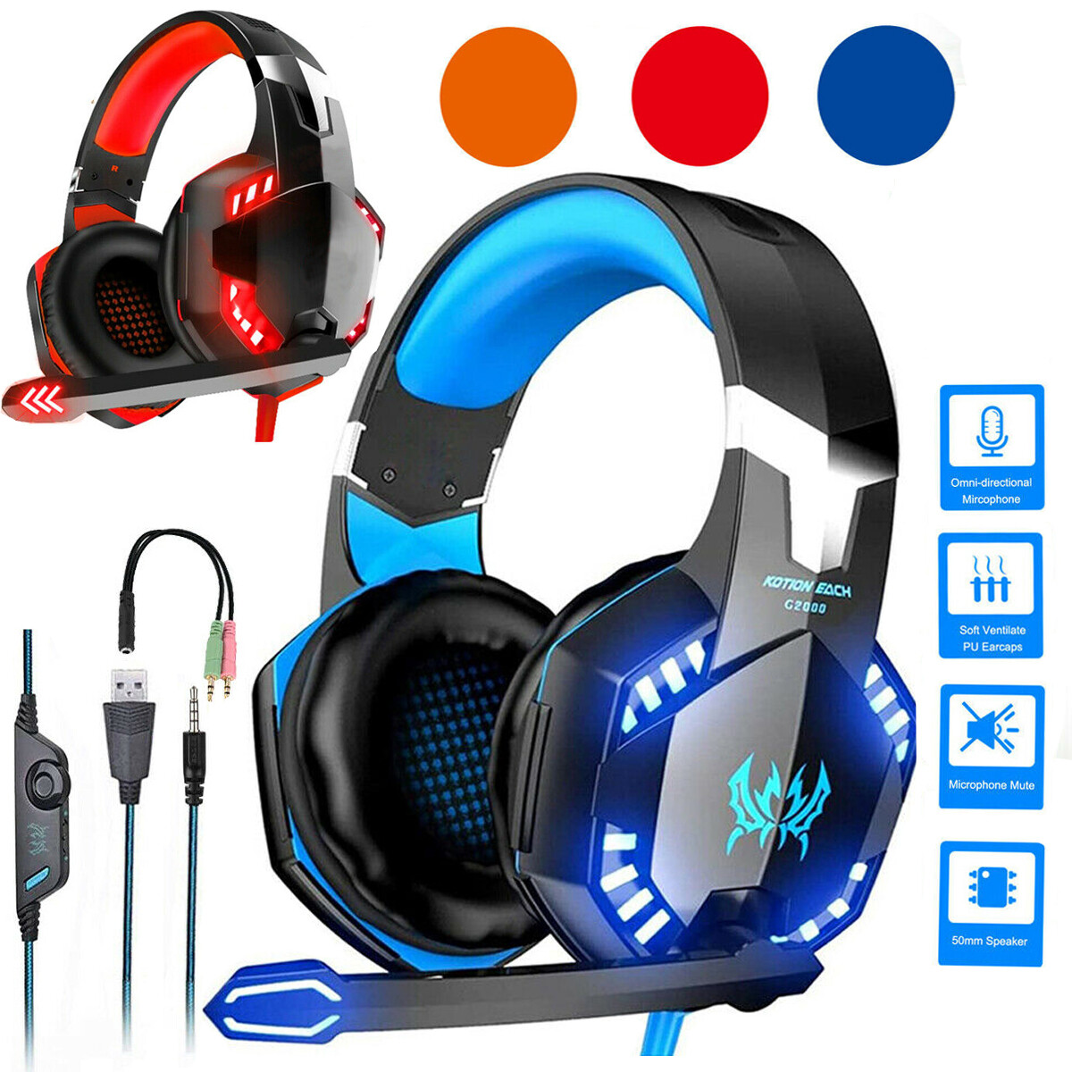 Gaming Headset Mic LED Headphones Stereo Bass Surround For PC Xbox One PS4 
