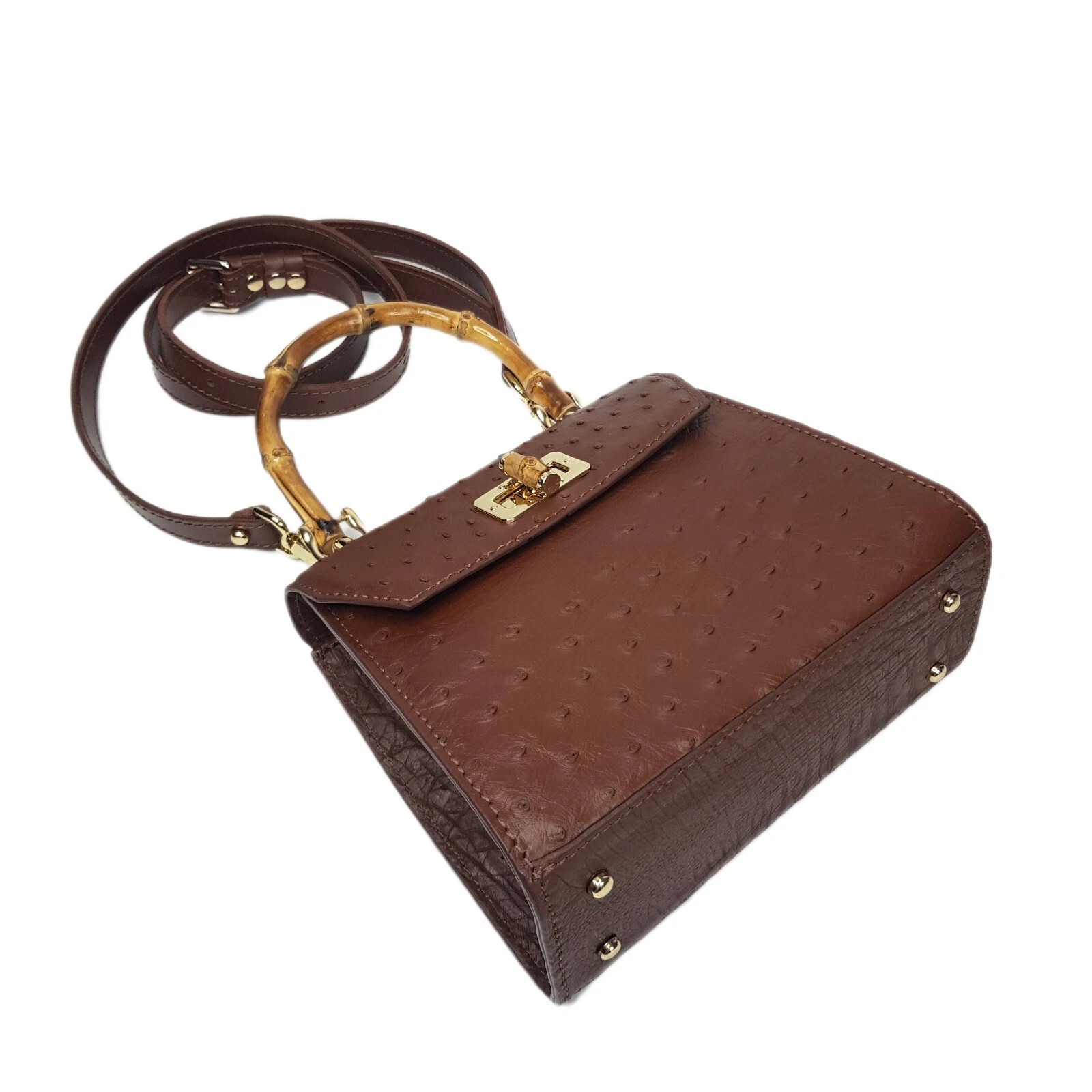 GUCCI Lussuosa VERA pelle di struzzo donna marrone borsa a tracolla manico in bambù