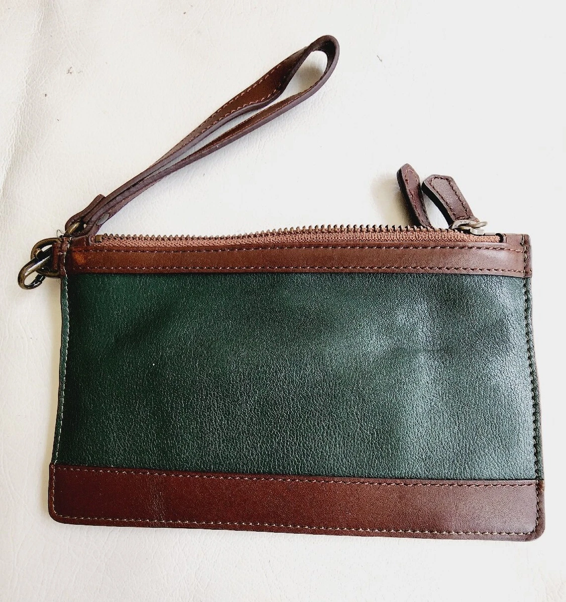 L.L. Bean Leather Wristlet Wallet Clutch Brown Green Zipper