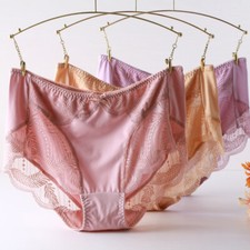 Women Lace Underwear Knickers Briefs Mid Waist Splice Hollow Out Soft L-3XL