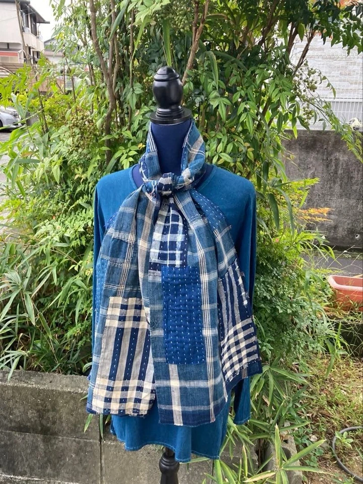 Bufanda de algodón japonesa vintage con retazos Sashiko estola a cuadros boro índigo hecha a mano Foto 3 de 4