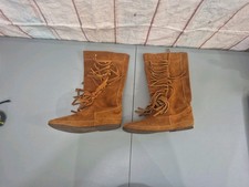 MINNETONKA 3 Layer Calf High Fringe Moccasin Boots Brown Suede Boho Women's Sz 8