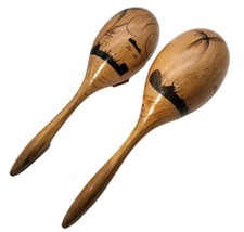 Lot 2 Vintage Maracas Musical Natural Painted Gourd Wood Ecuador Percussion