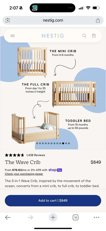 Cuna convertible Nestig The Wave madera natural tamaño completo cama para niños pequeños precio de venta sugerido por el fabricante $849 Foto 2 de 4