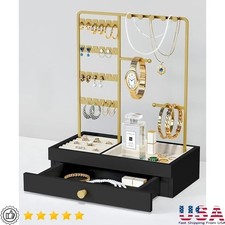 Jewelry Organizer Stand W/ Drawer Multi-Level Earring Necklace Holder Ring Tray