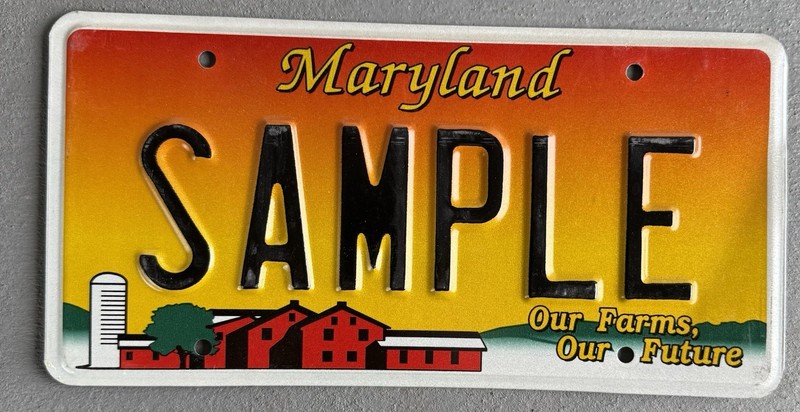 MD Sample License Plate Maryland Our Farms Our Future Red Barn Lic