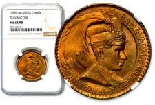 1939-49 India Princely State of Travancore One 1 Chuckram - NGC MS 64 RB CC933
