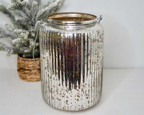 Pottery Barn Paros Quecksilber Glas Silber geriffelt XL Laterne 12" hoch mit Box selten - Bild 11 von 15