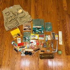 Huge Vintage Lot of Lures and Fly Fishing Tools Etc. Plus Vest