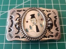 Vtg REMOVABLE MOTHER OF PEARL ABALONE INLAY BELT BUCKLE BIRD HEARTS MOTIF - mjkV