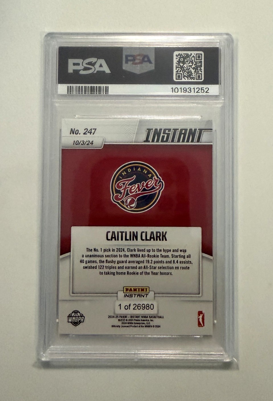 2024-25 Panini Instant WNBA Caitlin Clark #247 RC Rookie 1 Of 26980 PSA 9 view 2