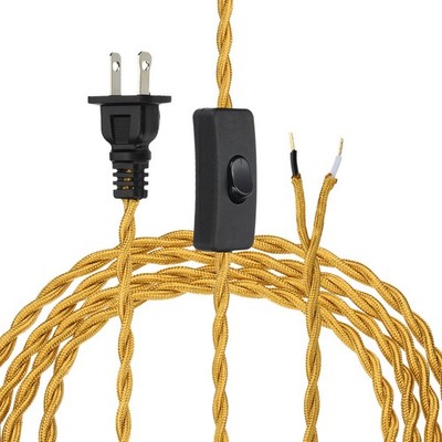6Ft 18/2 Twisted Cloth Lamp Cord with Button and Plug, Gold Yellow