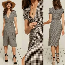 Reformation Addy Wrap Dress Womens M Black White Gingham Print Midi Classic