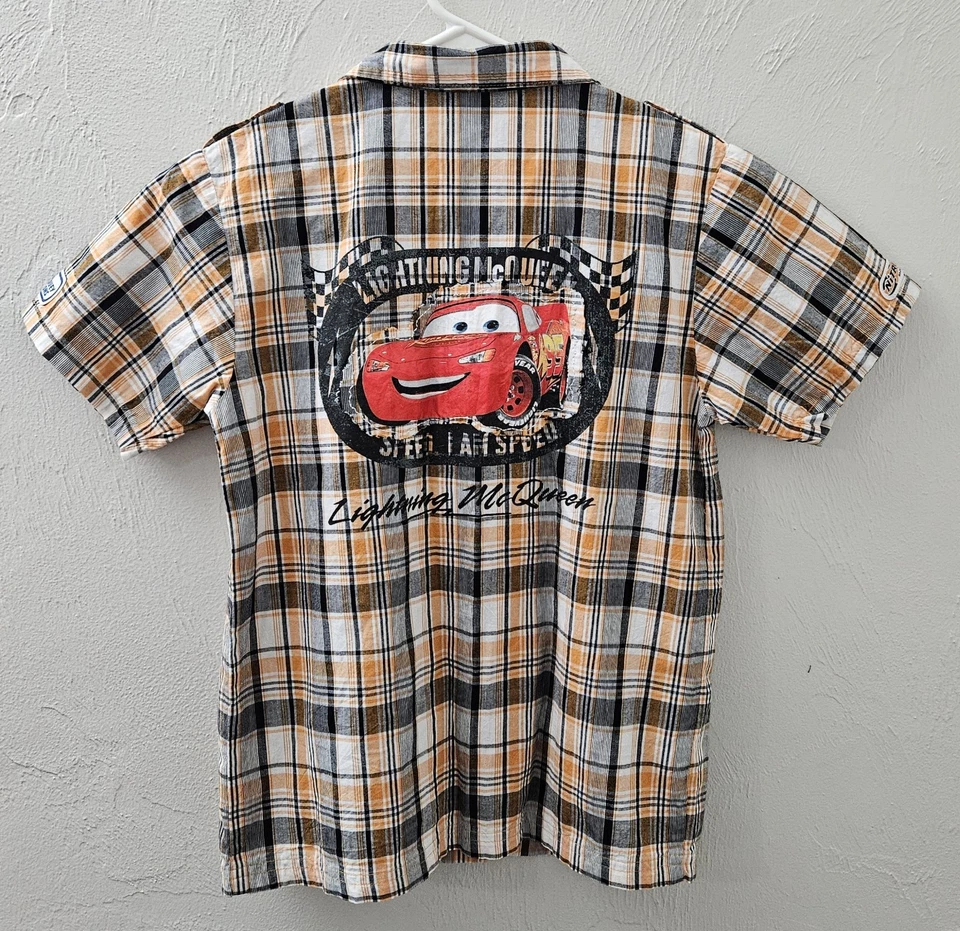 Camisa con botones a presión Lightning McQueen a cuadros perla parque Disney juvenil talla mediana Foto 4 de 4