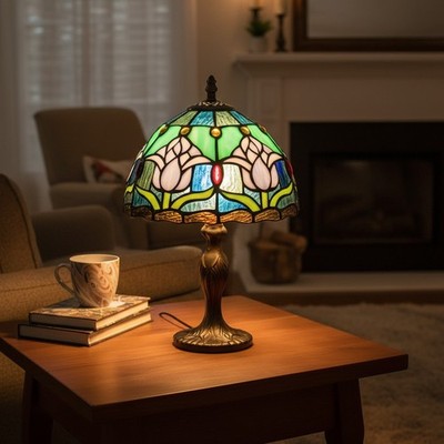 Handcrafted Stained Glass Table Lamp - Touch Control, Antique Blue Tulip Design