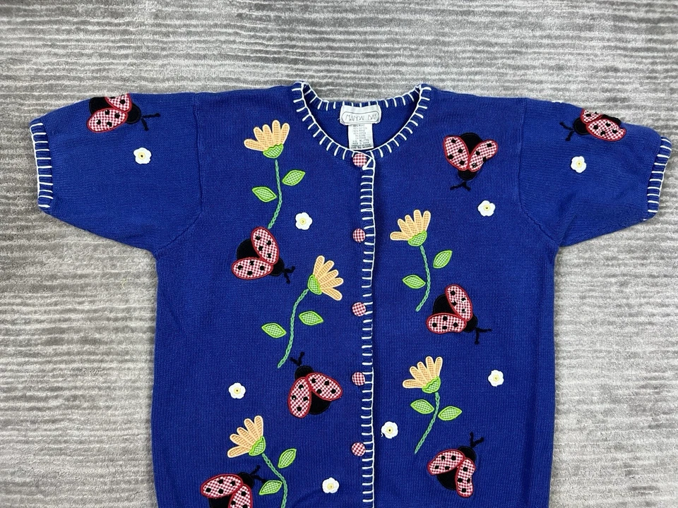 Suéter Mandal Bay Mujer XL Azul Manga Corta Cárdigan Ladybug Flores Foto 2 de 4