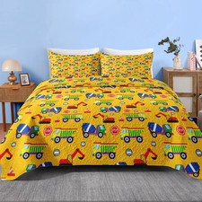 Quilt Set Full/Queen Size, Cartoon Construction Car 3 Pcs Soft Bed Cover Bedd...