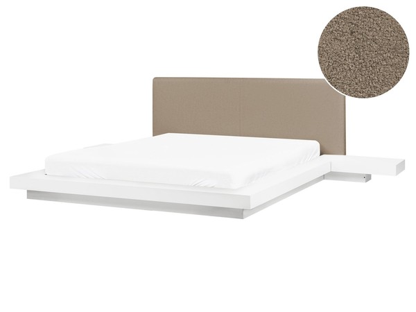 Bett Bouclé Taupe / Weiß Lackiert Mit 2 Nachttischen Lattenrost 160X200 Cm Zen-image
