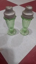 Jeannette Cherry Blossom Vintage Green 4" Salt  Pepper Shakers Glass